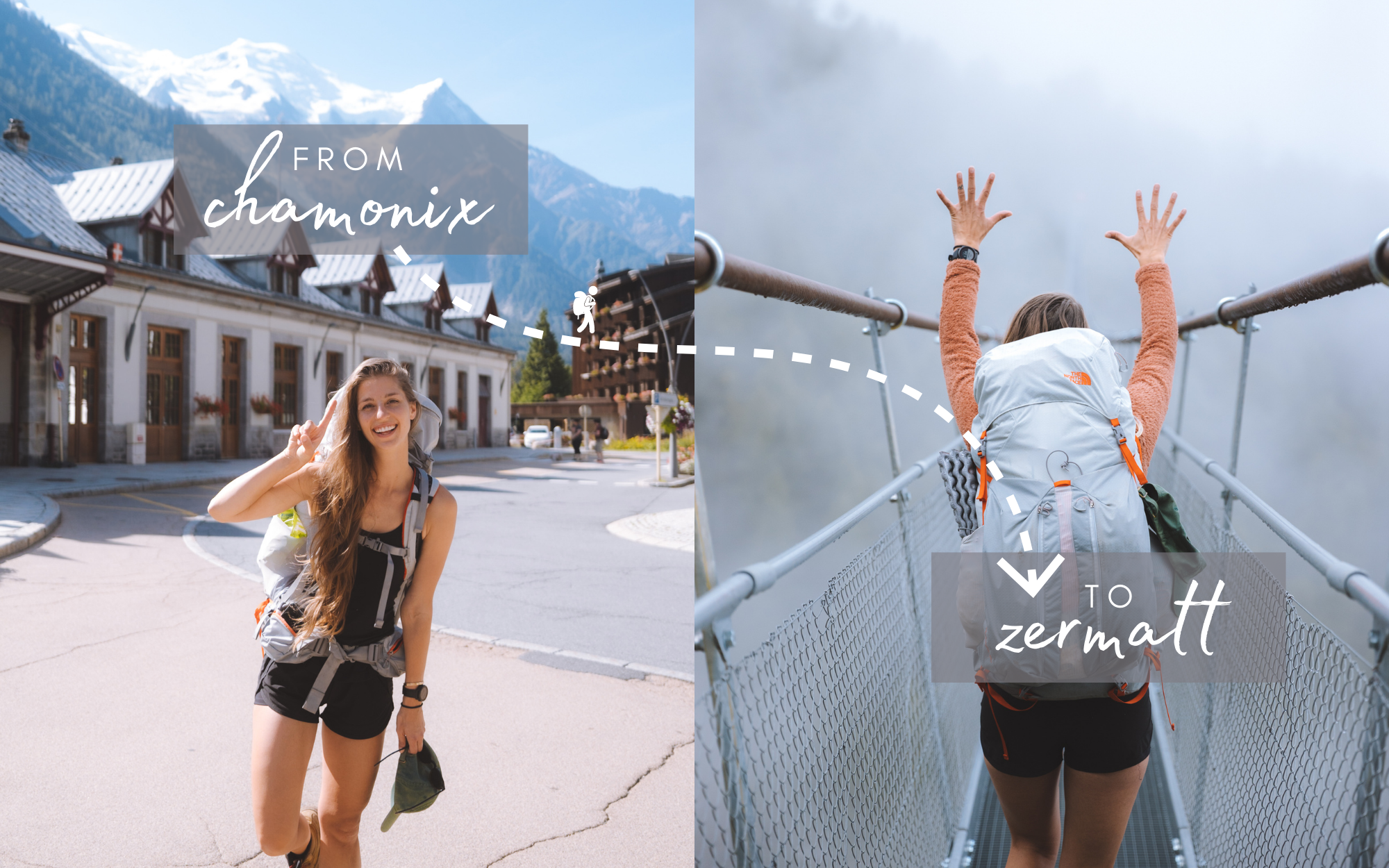 Two pictures with Andrea on the left in a cute town with mountains in the distance and on the right crossing a suspension bridge in low cloud. Text reads, from Chamonix to Zermatt, with an arrow between the two